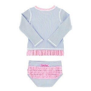 RuffleButts Toddler Girls Periwinkle Seersucker Long Sleeve Rash Guard Bikini Si